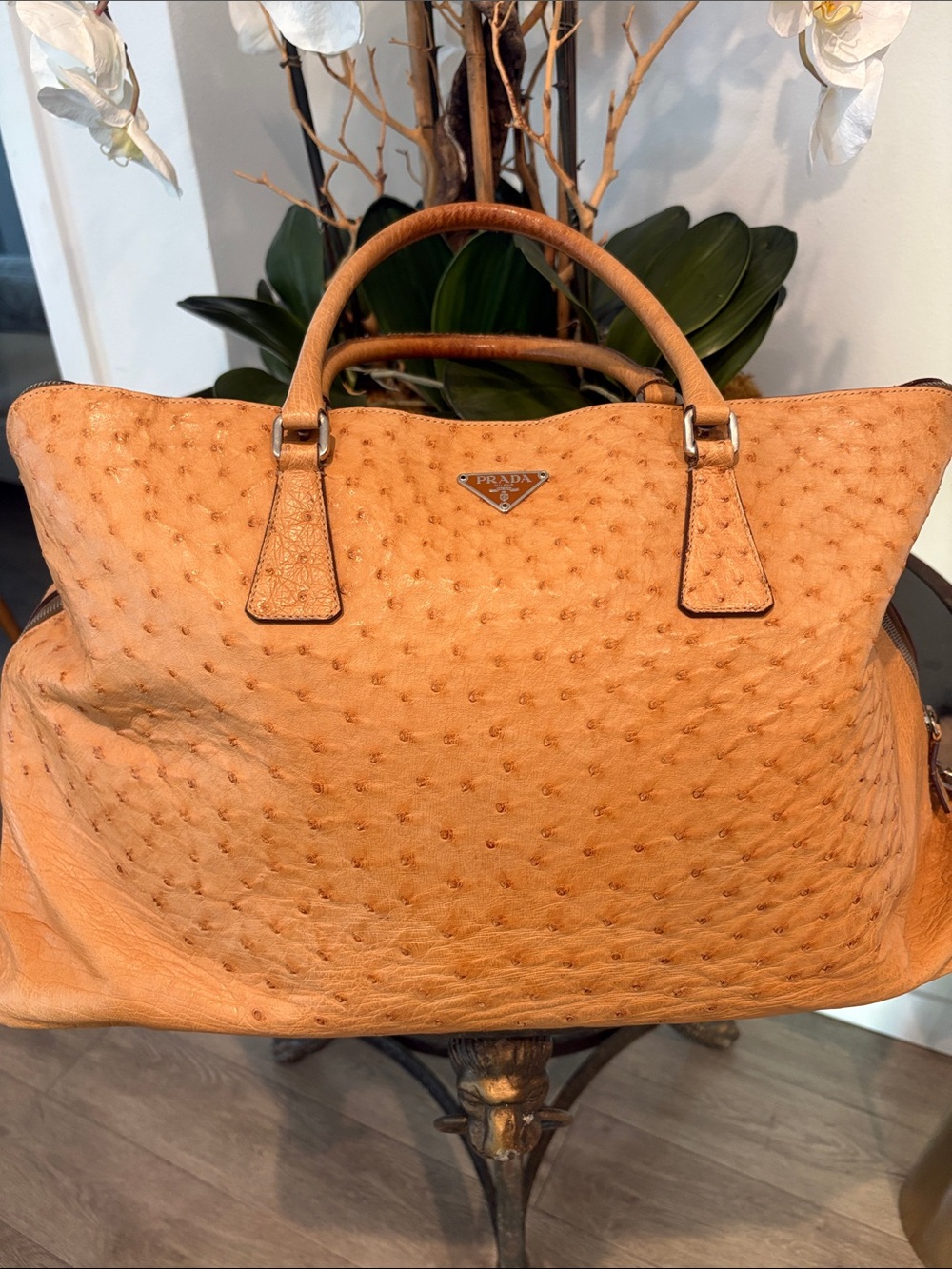 Stunning, rare  Prada Ostrich  Leather travel Satchel in Camel